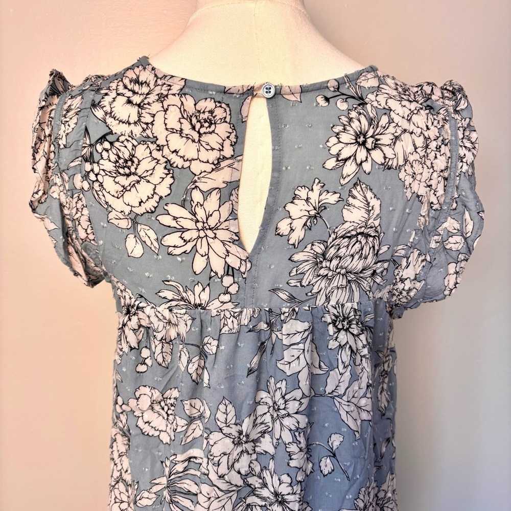 Pleione Floral Blue Cap Ruffle Sleeve Women's Top - Picture 7 of 14